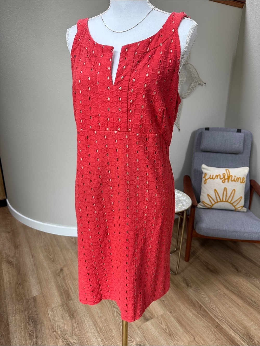 Donna Ricco Coral cotton Eyelet Midi sleeveless Dress